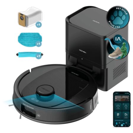 Robot aspirador y friegasuelos - Cecotec Conga Y80 | Navegación Láser IA, 13.000 Pa, Base de autovaciado 2,5 L y Cepillo Mascotas Negro